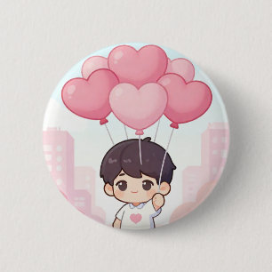 Schattige Chibi Jongen met Roze Hartballonnen Kawa Ronde Button 5,7 Cm