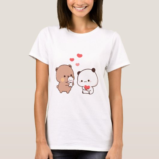 Schattige chibi panda beer, melk en mokka hart lie t-shirt (Voorkant)