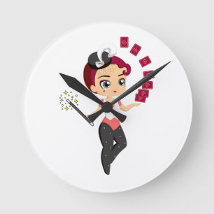 Schattige Chibi Vrouwelijke Tovenaar die Kaartmagi Ronde Klok
