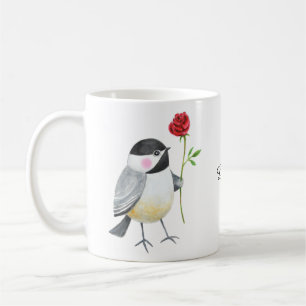 Schattige Chickadee met een enkele rode roos Aange Koffiemok