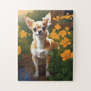 Schattige Chihuahua Puppy met Wildbloemen Legpuzzel