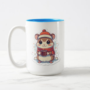 Schattige chipmunk gekleed voor de winter met een  tweekleurige koffiemok