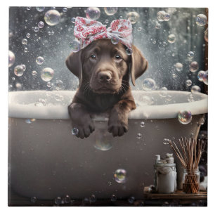 Schattige Chocolade Lab Puppy Hond Spa Bubbelbad Tegeltje