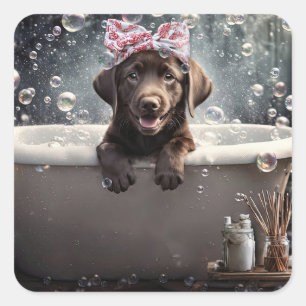 Schattige Chocolade Labrador Retriever in badkuip Vierkante Sticker