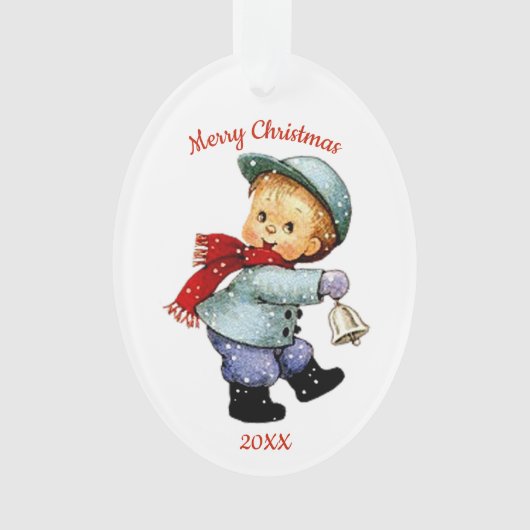 Schattige Christmas Tot Boy met Bell Acryl Ornamen Ornament (voorkant)