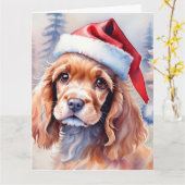 Schattige Cocker Spaniel in een Santa Hat-Waterver Kaart (Gele Bloem)