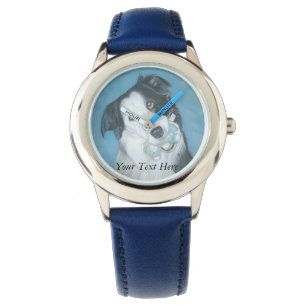 schattige colliehond met blauwe teddybeer horloge