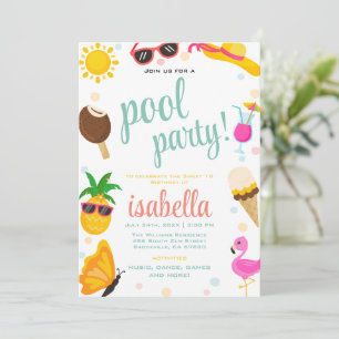 Schattige Cool Tropical Pool Party Zomerverjaardag Kaart