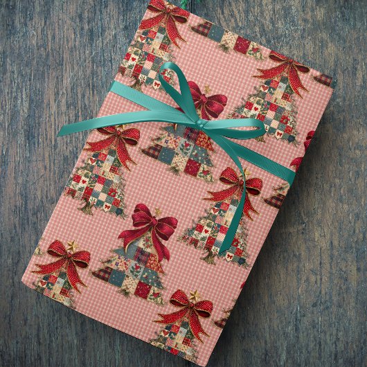 Schattige coquette patchwork kerstbomen geruit cadeaupapier