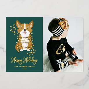 Schattige Corgi en Sliert Lichtjes Foto Prettig Ke Folie Feestdagenkaart