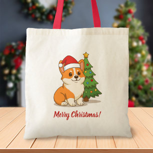 Schattige Corgi-hond met een Rode Hoed bij Kerstbo Tote Bag