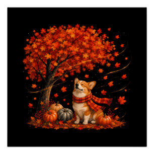 Schattige Corgi-hond met herfstbladeren Bos Herfst Perfect Poster