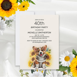 Schattige Corgi Hond Zonnebloemen 40e Verjaardag Kaart