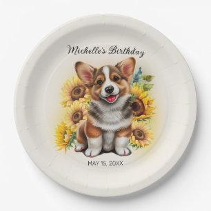Schattige Corgi Hond Zonnebloemen Verjaardag Papieren Bordje