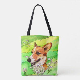 Schattige Corgi in een bloemenveld Waterverf Draagtas