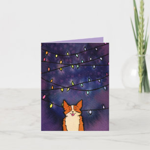 Schattige Corgi Met Feestelijke Lichtjes Waterverf Feestdagen Kaart