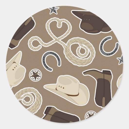 Schattige Cowboy thema patroon bruin Ronde Sticker (Voorkant)