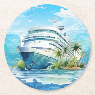 Schattige cruiseschip strand feest ronde kartonnen onderzetter