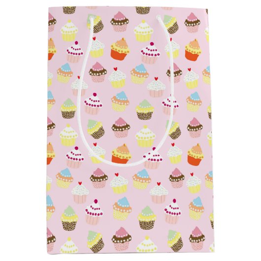 Schattige Cupcakes Patroon Pastel Roze Medium Cadeauzakje (Voorkant)