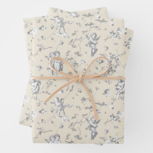 Schattige  Cupid Angels Grijs Beige Bloemen Toile Inpakpapier Vel