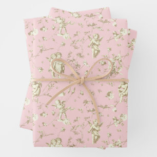 Schattige  Cupido Angel Beige Roze Bloemen Toile Inpakpapier Vel