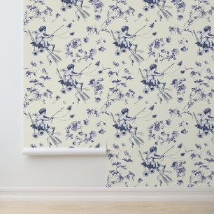 Schattige Cupido Engel Blauw Bloemen Toile Behang