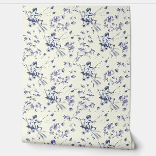 Schattige Cupido Engel Blauw Bloemen Toile Behang