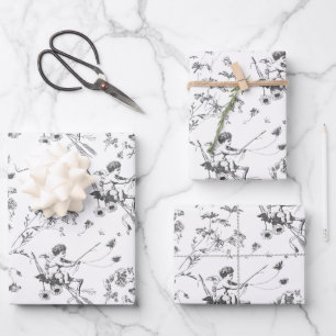 Schattige Cupido Engel Zwart Wit Bloemen Toile Inpakpapier Vel