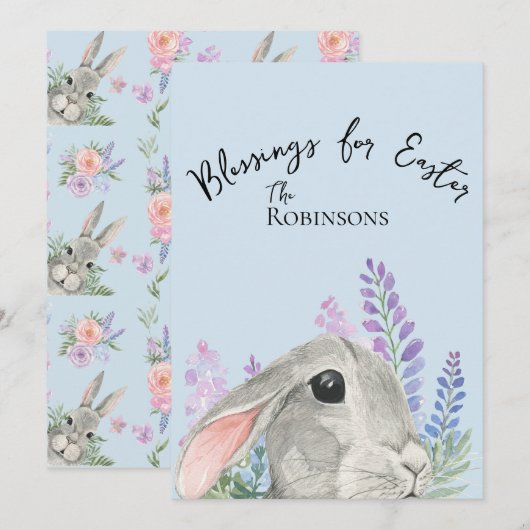 Schattige Curious Rabbit Pink Lila Flowers Blue (Voorkant / Achterkant)