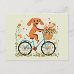 Schattige dachshond hond fietst voorjaarsbloemen briefkaart