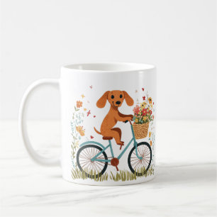 Schattige dachshond hond fietst voorjaarsbloemen koffiemok