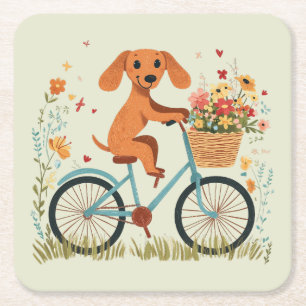 Schattige dachshond hond fietst voorjaarsbloemen vierkante kartonnen onderzetter