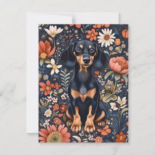 Schattige Dachshund Omringd Door Kleurrijke Bloeme Briefkaart