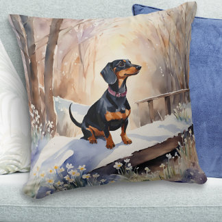 Schattige Dachshund Winter Sneeuw Aquarel Hondenra Kussen