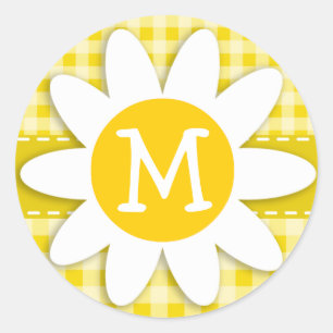 Schattige Daisy op Golden Yellow Gingham Ronde Sticker