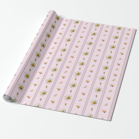 Schattige Daisy Stripes Roze Cadeaupapier (Uitgerold)