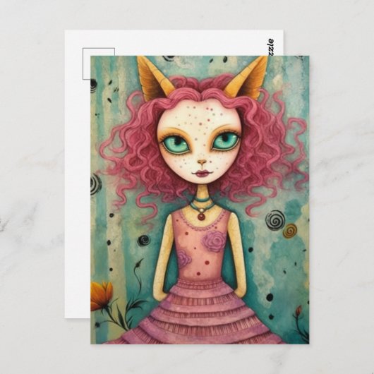 Schattige dame met kattenoren gemengde mediacollag briefkaart (Voorkant / Achterkant)