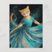 Schattige dansende gemberkat in blauwe jurk briefkaart (Voorkant)