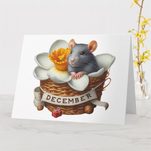 Schattige December Mouse Verjaardag Kaart (Gele Bloem)