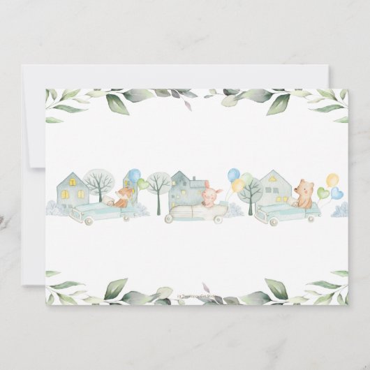 Schattige Dieren Auto's Groene Baby Shower Jongen Kaart (Achterkant)