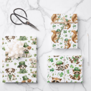 Schattige dieren Shamrock Green St. Patrick's Day Inpakpapier Vel