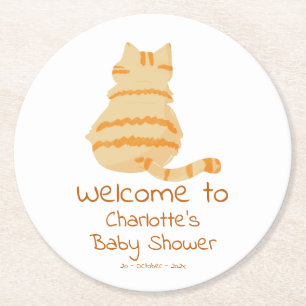 Schattige dikke oranje kat baby shower ronde kartonnen onderzetter