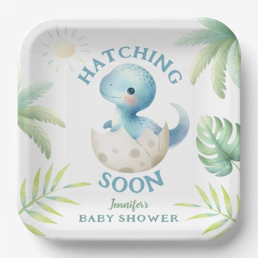 Schattige Dino Boy Dinosaurus Baby shower Papieren Bordje (Voorkant)