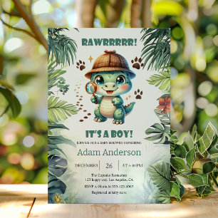 Schattige Dino Detective Jongen Baby Shower Uitnod Kaart