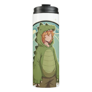 Schattige Dino Vriend Anime Jongen - Groene Dinosa Thermosbeker