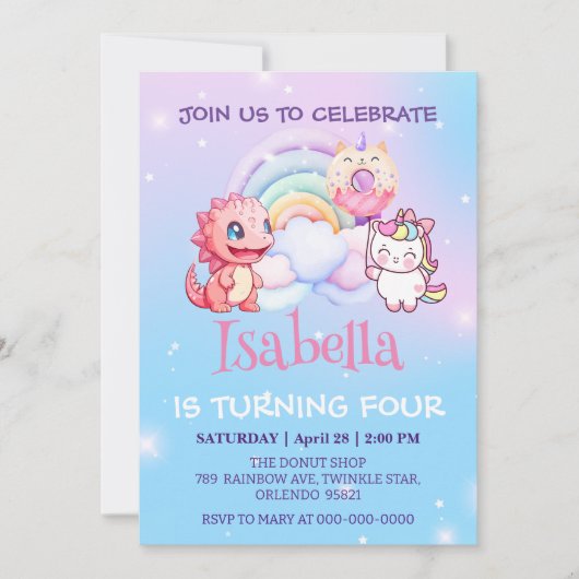 Schattige Dinosaur Eenhoorn Regenboog ballon Verja Kaart (Voorkant)