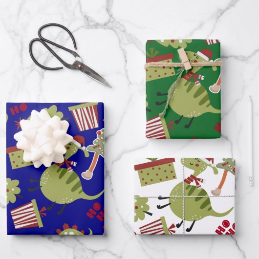 Schattige Dinosaur Santa Kerstpatroon Inpakpapier Vel (Voorkant)