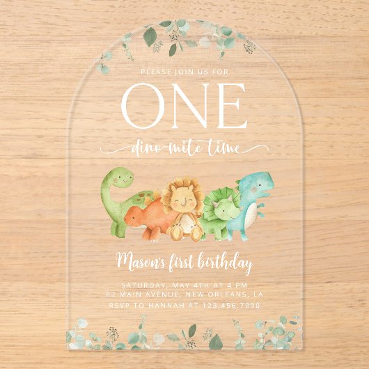 Schattige dinosauriërs, T-Rex, Jurassic, Eerste ve Acryl Uitnodigingen (Voorkant)