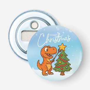 Schattige dinosaurus met kerstboom button flesopener
