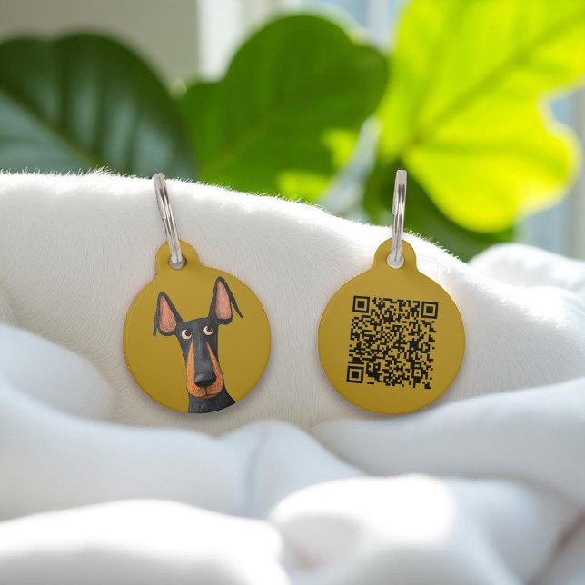 Schattige Dobermann Mosterd Gele Huisdier QR-code  Huisdierpenning (Creator heeft geüpload)